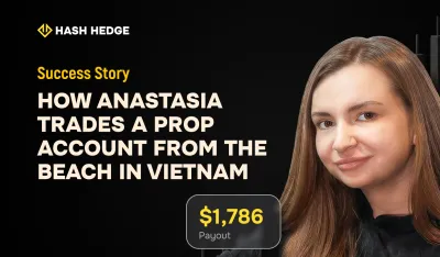 Anastasia — first female trader on Hash Hedge, trading from a beach in Vietnam