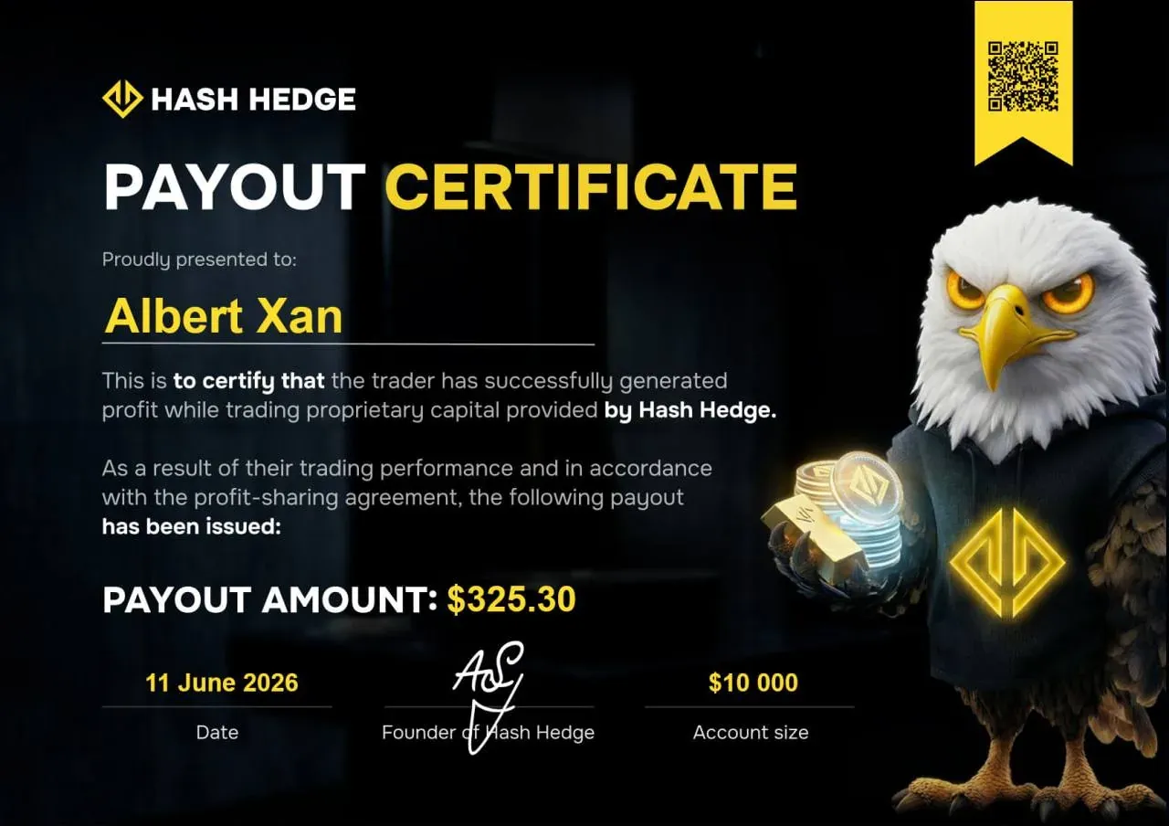 Hash Hedge payout certificate: $325.30, June 11, 2026, $10,000 account