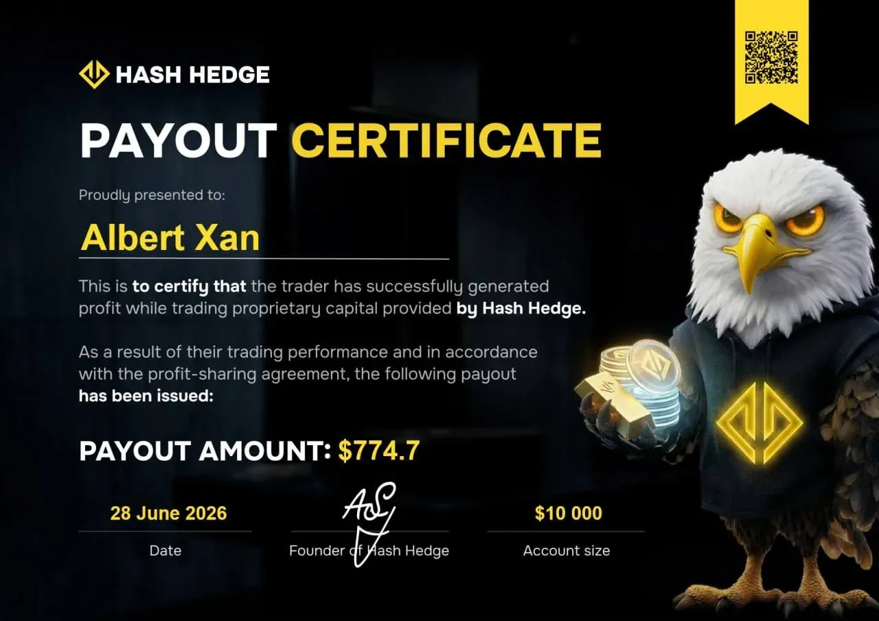 Hash Hedge payout certificate: $774.70, June 28, 2026, $10,000 account