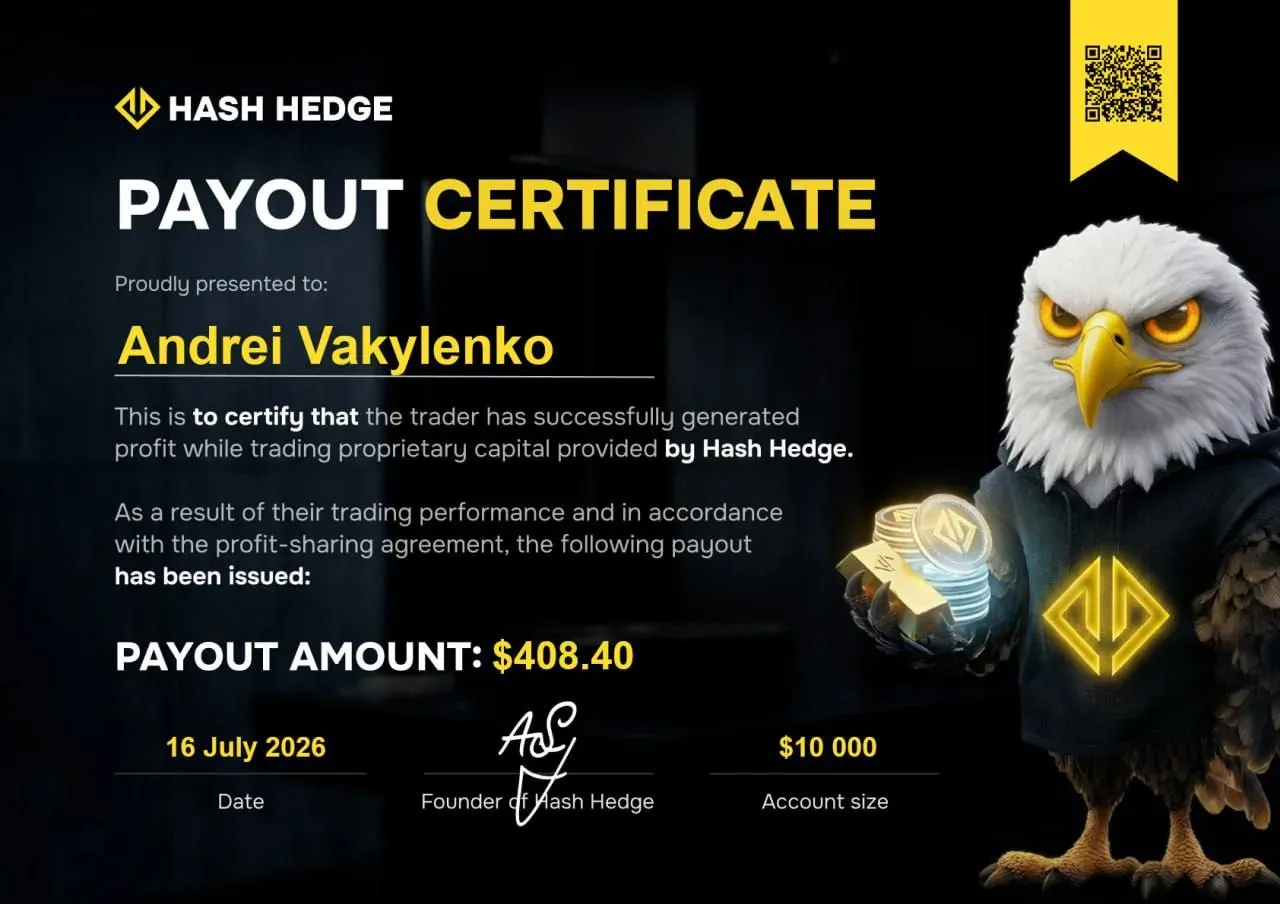 Сертификат выплаты Hash Hedge на $408.40 — счет $10,000