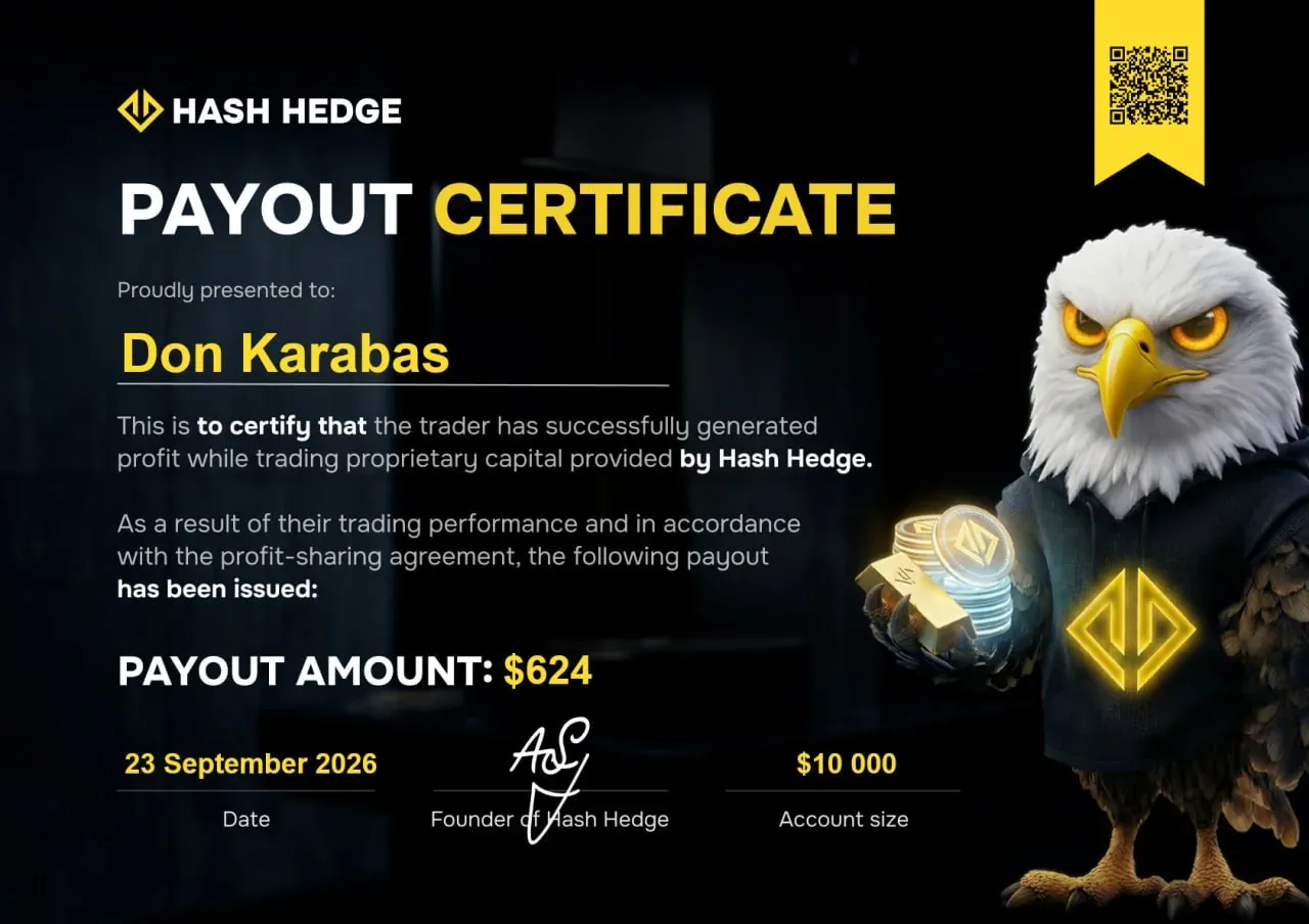 Сертификат выплаты Hash Hedge на $624 — счет $10,000