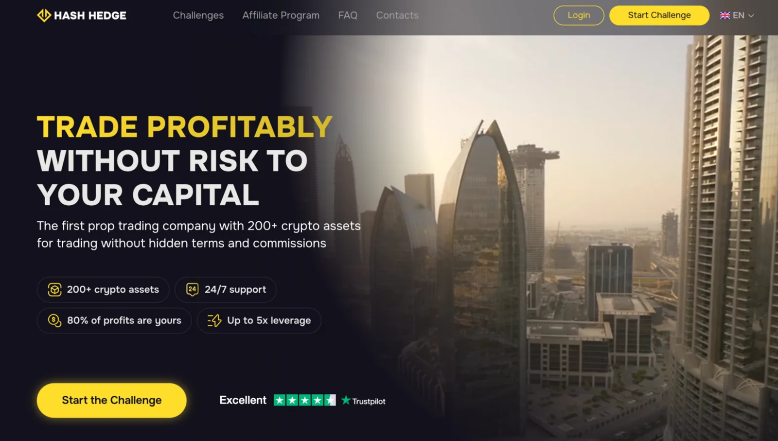 Screenshot of Hash Hedge crypto prop trading website.