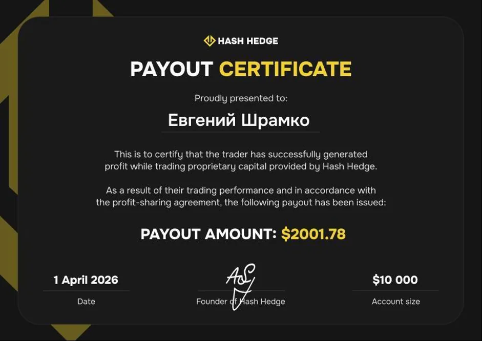 Сертификат выплаты $2 000 Евгения в Hash Hedge